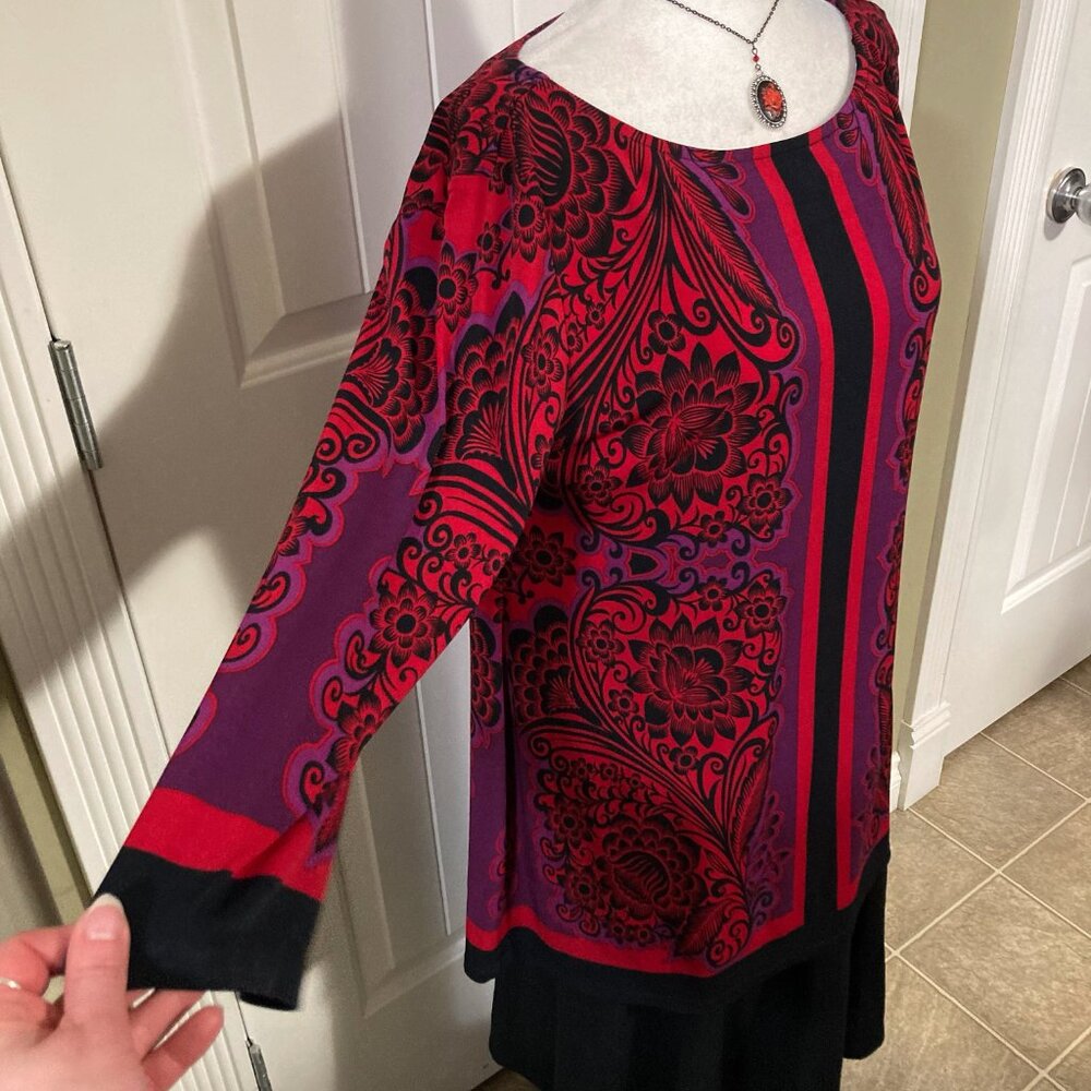STYLE & CO. Red purple black dark floral stretchy tunic top MEDIUM LARGE shirt - Picture 4 of 13